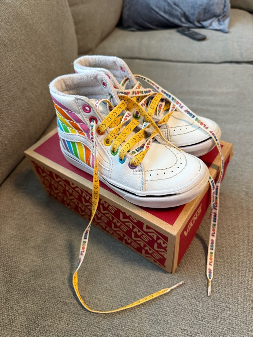 Vans Kids White High-Top Sneakers with Rainbow Side Stripes and Yellow Laces